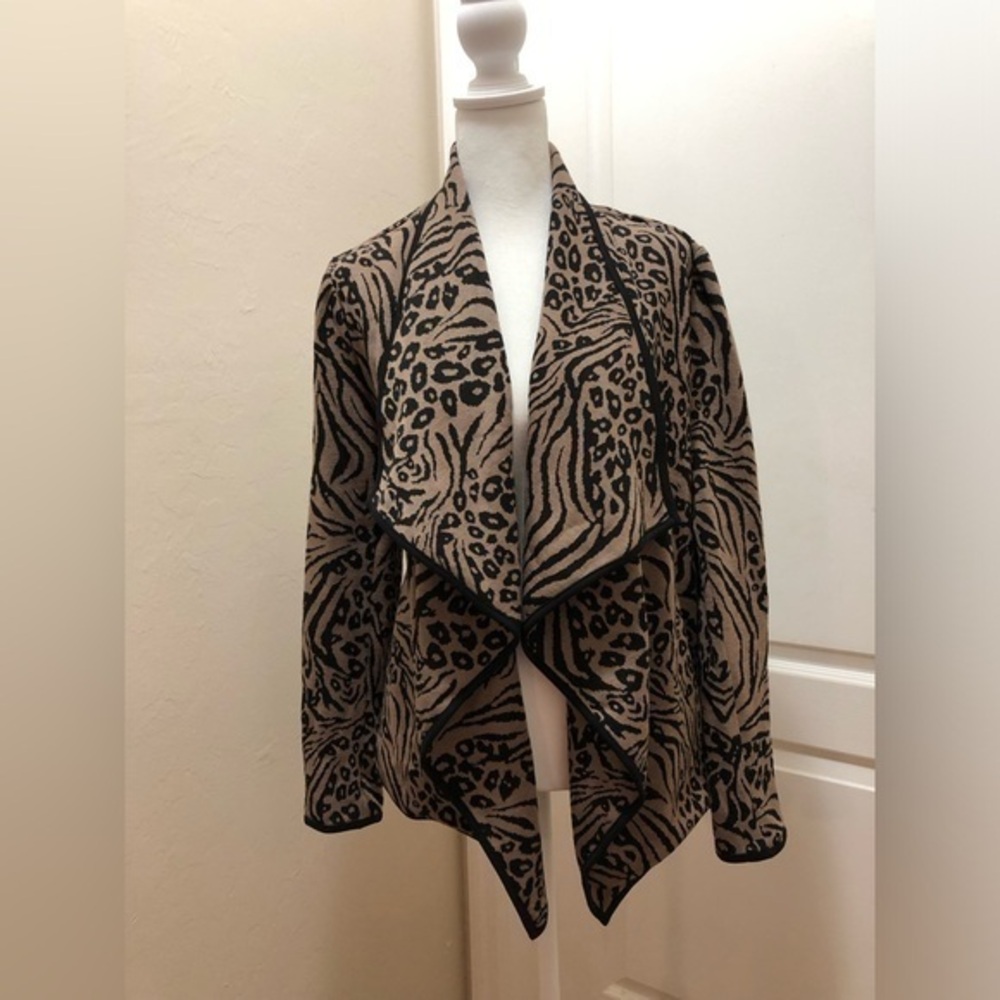 Midnight Draped Front Velvet Cardigan Sweater, Animal Print, Black Trim, Lined